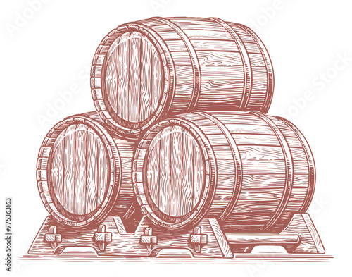 Three oak barrels for alcoholic beverages. Wood casks, kegs with wine or beer. Hand drawn sketch vector illustration
