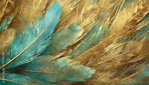 blue and turquoise feathered 3d wallpaper enriched with scratched gold highlights and oak nut wood wicker textures photography detailed surface