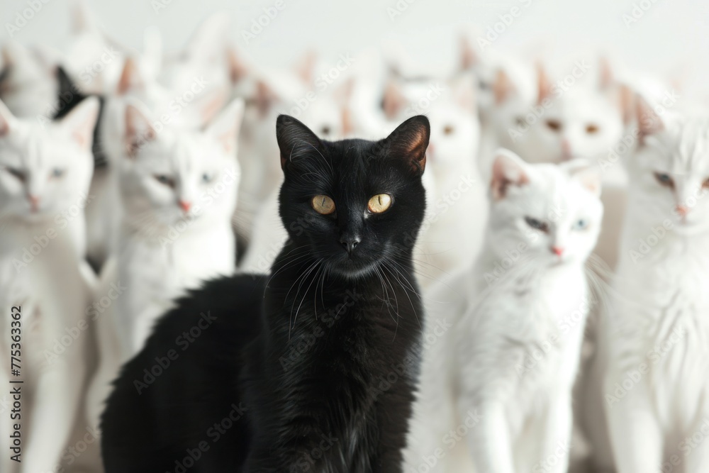 Standing out concept with black cat standing in front of white cats Isolated on solid white background