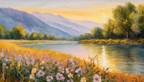 summer landscape flowers on the river bank with trees and mountains in the background oil painting style illustration photo