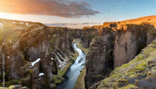 beautiful mystical landscape with river in canyon kolugljufur between the rocks in iceland at red dawn exotic countries amazing places