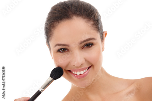 Woman, portrait and brush for contour in studio, makeup and foundation powder on white background. Female person, smile and apply cosmetics for beauty, makeover and transformation or facial treatment