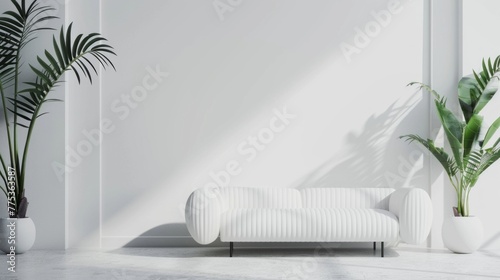Modern salon interior with stylish sofa and lush plant against white background - creepycross