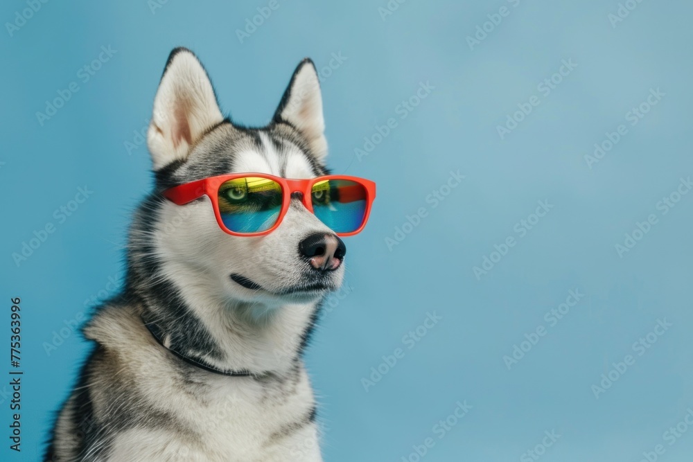 Super cool husky dog wearing colorful sunglasses on blue background