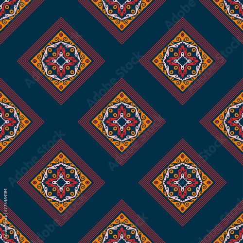Decorative Asian folk seamless pattern. Repeating background in nomad style. Colored fabric swatch with surface design, minimal print on wallpaper, fabrics, gift wrap, templates. Vector.