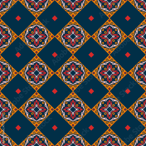 Decorative Asian folk seamless pattern. Repeating background in nomad style. Colored fabric swatch with surface design, minimal print on wallpaper, fabrics, gift wrap, templates. Vector.