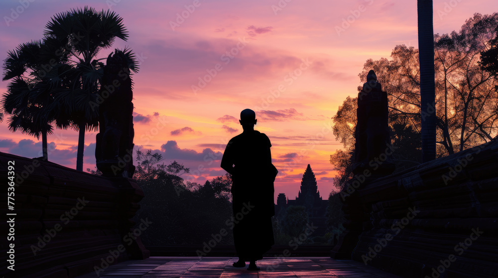 Fototapeta premium Monk Silhouetted at Sunset, Bakong Temple, Angkor Park, Siem Reap, Cambodia