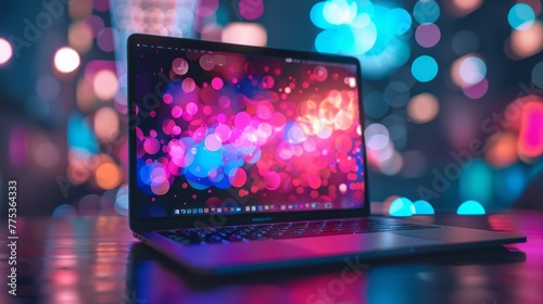 Sleek modern laptop on desk with vibrant bokeh background and abstract shapes - technology workspace concept