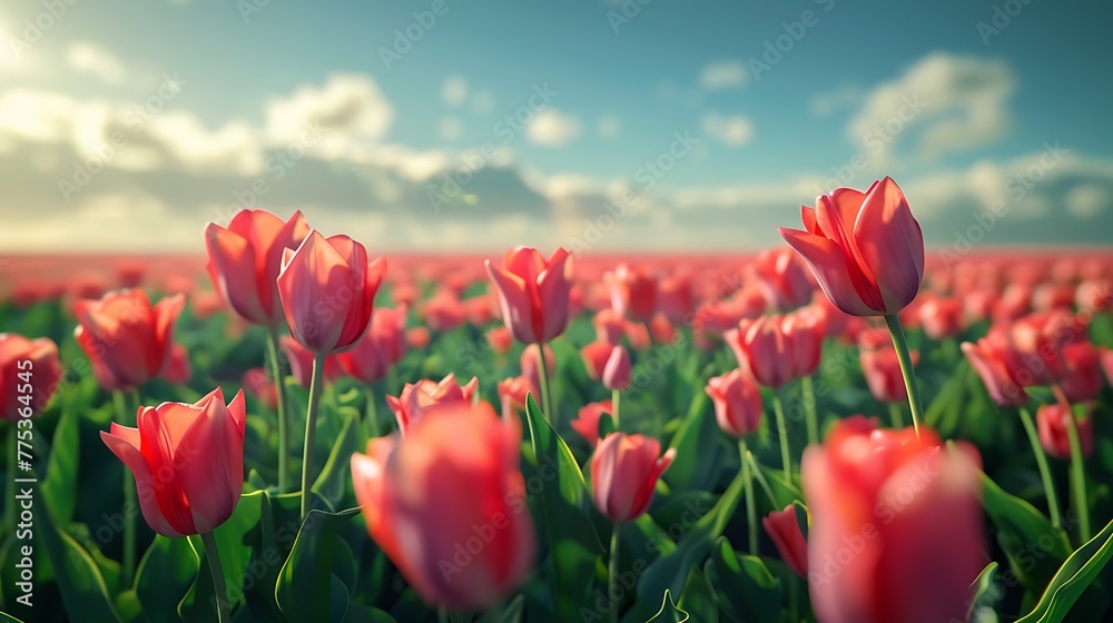 Fields of tulips in vibrant bloom