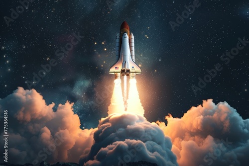 The rocket takes off upwards leaving clouds of smoke underneath, isolated on dark background with copy space