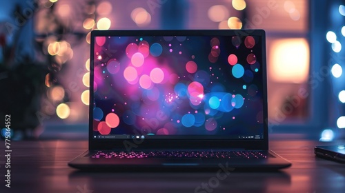 Sleek laptop on desk with vibrant bokeh background and colorful lights - modern workspace concept