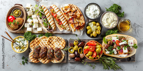 Greek food background. Meze, gyros, souvlaki, fish, pita, greek salad, tzatziki, assortment of feta, olives and meatballs. Traditional different greek dishes sets photo