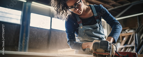 Woman carpenter wearing protective glasses for safty working. copy space fot your text. photo