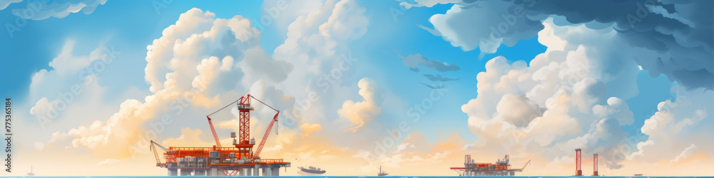 Offshore oil and gas platform in ocean. Petroleum platforms or crane.wide banner Offshore oil and gas platform in ocean. Petroleum platforms or crane.wide banner