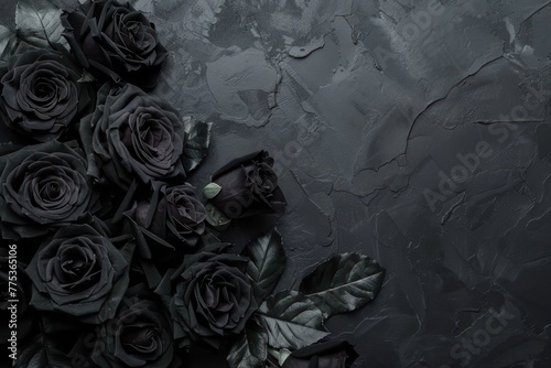 Top view of black roses lying on a black background surface. Copy space for text