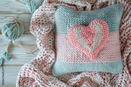 Decorative handmade interior pillow with heart in pastel color palette. Love, accessories for home comfort