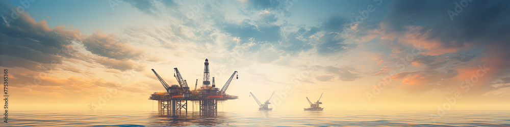 Offshore oil and gas platform in ocean. Petroleum platforms or crane.wide banner Offshore oil and gas platform in ocean. Petroleum platforms or crane.wide banner