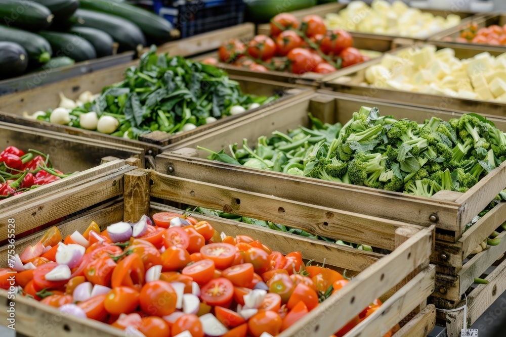 Vegetable market closeup of wooden trays with fresh vegetables. Wallpaper of healthy food