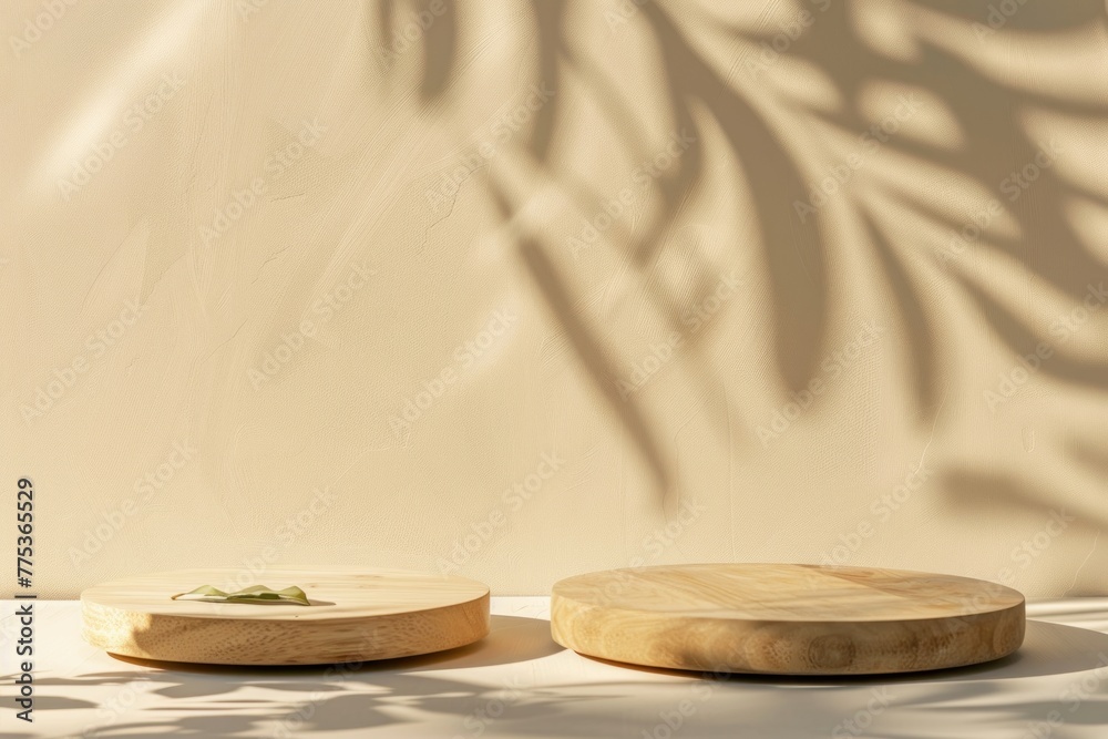 two wooden round tray podium in sunlight, leaf shadow on beige wall background for beauty product presentation two wooden round tray podium in sunlight, leaf shadow on beige wall background for beauty product presentation