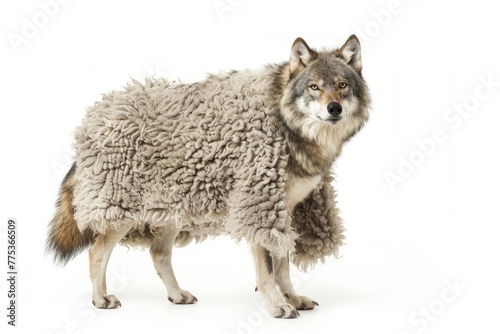 Wolf wearing sheep coat Isolated on solid white background