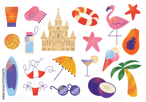 Beach stuff for summer travel set. Vacation accessories for sea holidays. Tourists objects bundle, sand castle, flamingo, bikini. Flat vector in modern style illustrations isolated on white background