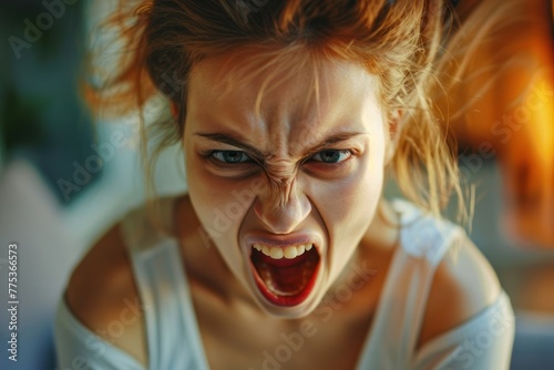 woman is yelling with a fully open mouth photo
