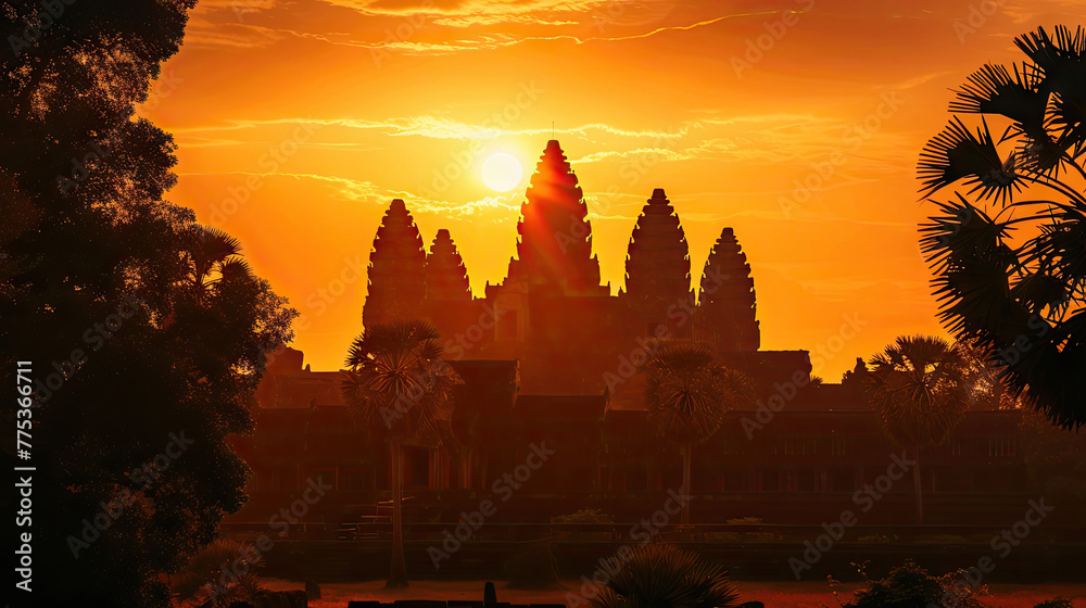 Fototapeta premium Silhouette of Bakong Temple at Sunset, Roluos Group, Angkor Park, Siem Reap, Cambodia