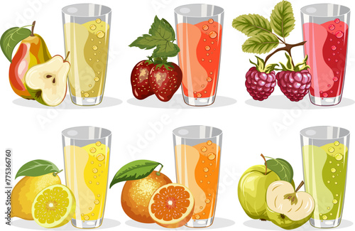 A set of glasses with juices.Berries and fruits, juices in glasses in color vector set.