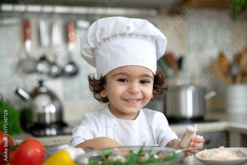 young kid dressed as a chef with a white chefs hat cooking