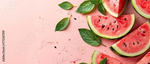   A watermelon slice with green leaves on a pink background with space for text or an image photo