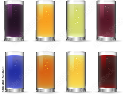 A set of glasses with multi-colored liquids.Multi-colored juices in glass glasses on a white background in a vector set.