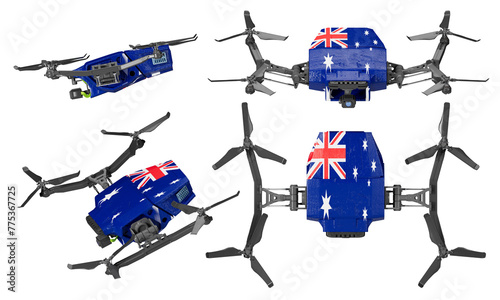 Fototapeta Naklejka Na Ścianę i Meble -  High-Tech Quadcopter Drones Displaying the Iconic Australian Flag on Dark Background