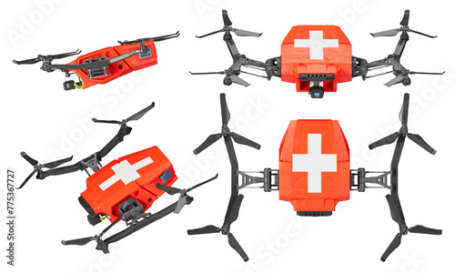 Aerial Fleet of Drones Adorned with Swiss Flag Design on Stark Black Background
