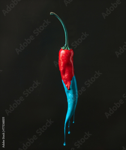 Red pepper with dripping blue paint on dark background. Minimal creative food concept photo