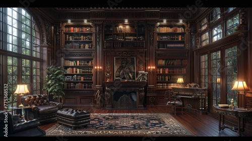 Luxurious victorian manor library with antique furnishings and intricate architectural details photo