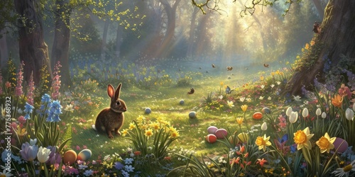 A rabbit is nestled among the flowers in a meadow surrounded by lush green grass and beautiful natural landscape in a forest AIG42E