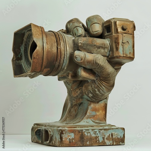 a lateral view of a bronze sculpture of a fist holding a camera photo