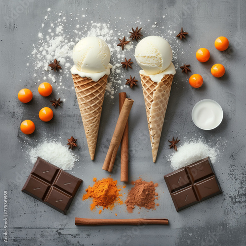 Creative layout of fresh fruits,cholcolate,sugar and ice cream cone. photo