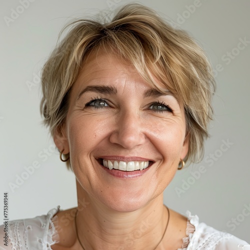 close up portrait of a beautiful 52 years old woman on a white background,