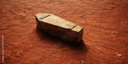 Fototapeta Naklejka Na Ścianę i Meble -  Old wooden coffin on rocky terrain in desolate desert.