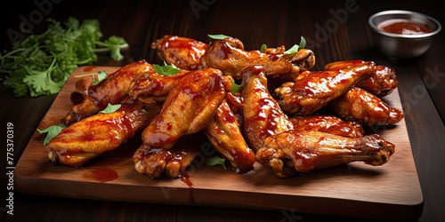 delightful spread of barbecue chicken wings coated in a sweet and sour sauce, laid out on a picnic table. The aroma of grilled goodness fills the air, 