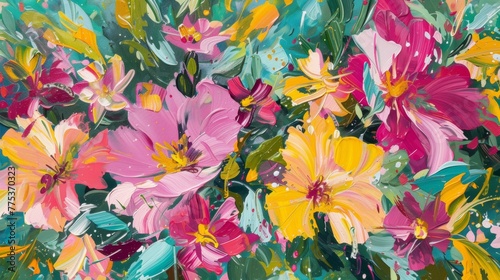 A painting of a large group of colorful flowers in the grass, AI