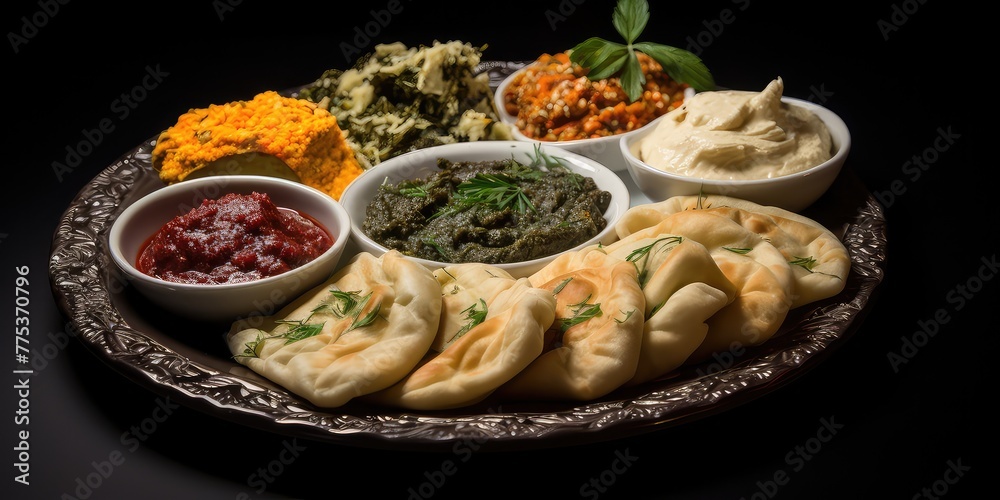 traditiona appetizer elegantly presented on a plate. This appetizer may include a variety of dishes such as khachapuri (cheese-filled bread), pkhali 