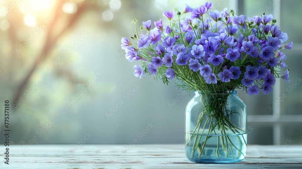   A vase brimming with purplish blossoms atop a wooden table beside another vase holding similar flora