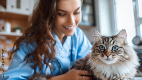 A woman in blue scrubs holding a cat while smiling, AI