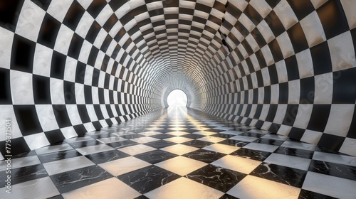 A tunnel with a checkered floor and light coming from the end, AI