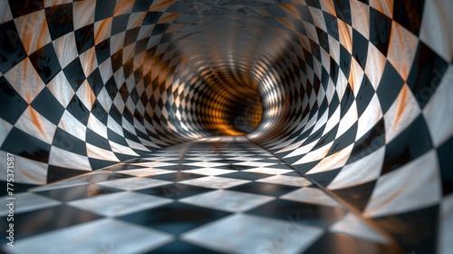 A tunnel with a checkered floor and orange light, AI
