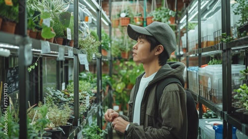 A man in a hat looking at plants on shelves, AI