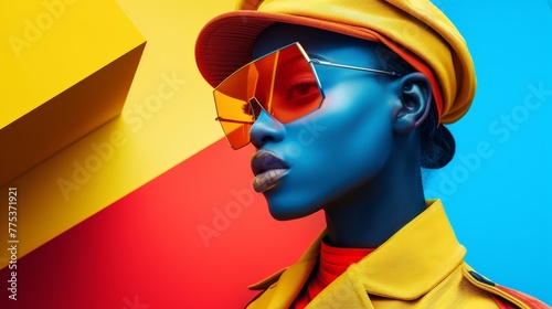 A woman with bright blue skin and yellow hat on a colorful background, AI