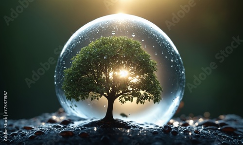 A tree thrives within a glass orb, surrounded by water and sky